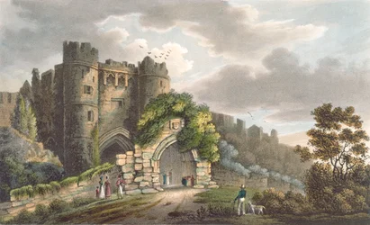 Carisbrooke Castle, teoksesta "The Isle of Wight Illustrated, sarjassa Colored Views", kaivertanut P. Roberts, julkaistu 1846 (akvatinta)